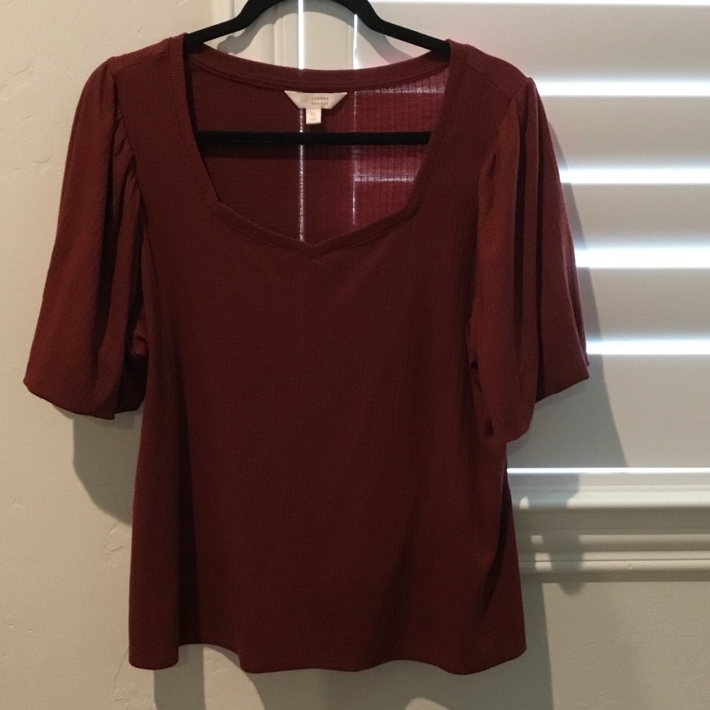 LC Lauren Conrad Rust Scoop Neck Short Puff Sleeve Top
